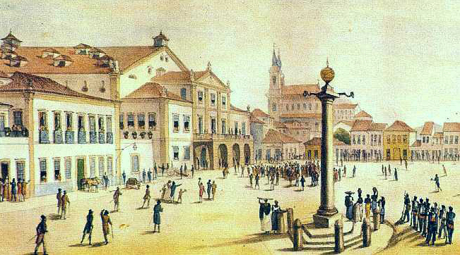 (1) Vista do Teatro Real de São João no Rio de Janeiro. Jean-Baptiste Debret. Wikimedia Commons