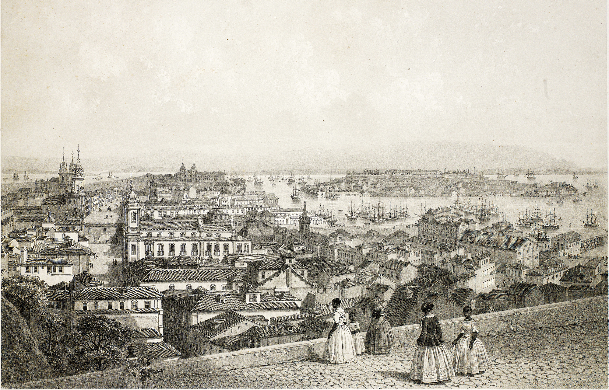 (4) Panorama da cidade de Rio de Janeiro. Tomada do morro do Castelo. <br> Iluchar Desmons. Acervo da Fundação Biblioteca Nacional - Brasil